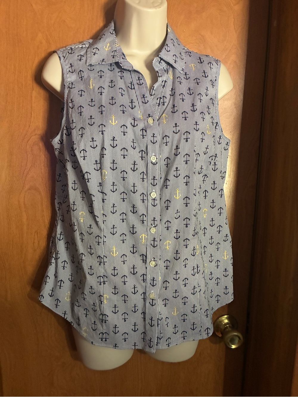 Sleeveless Nautical Anchor Button-Front Top in Light Blue